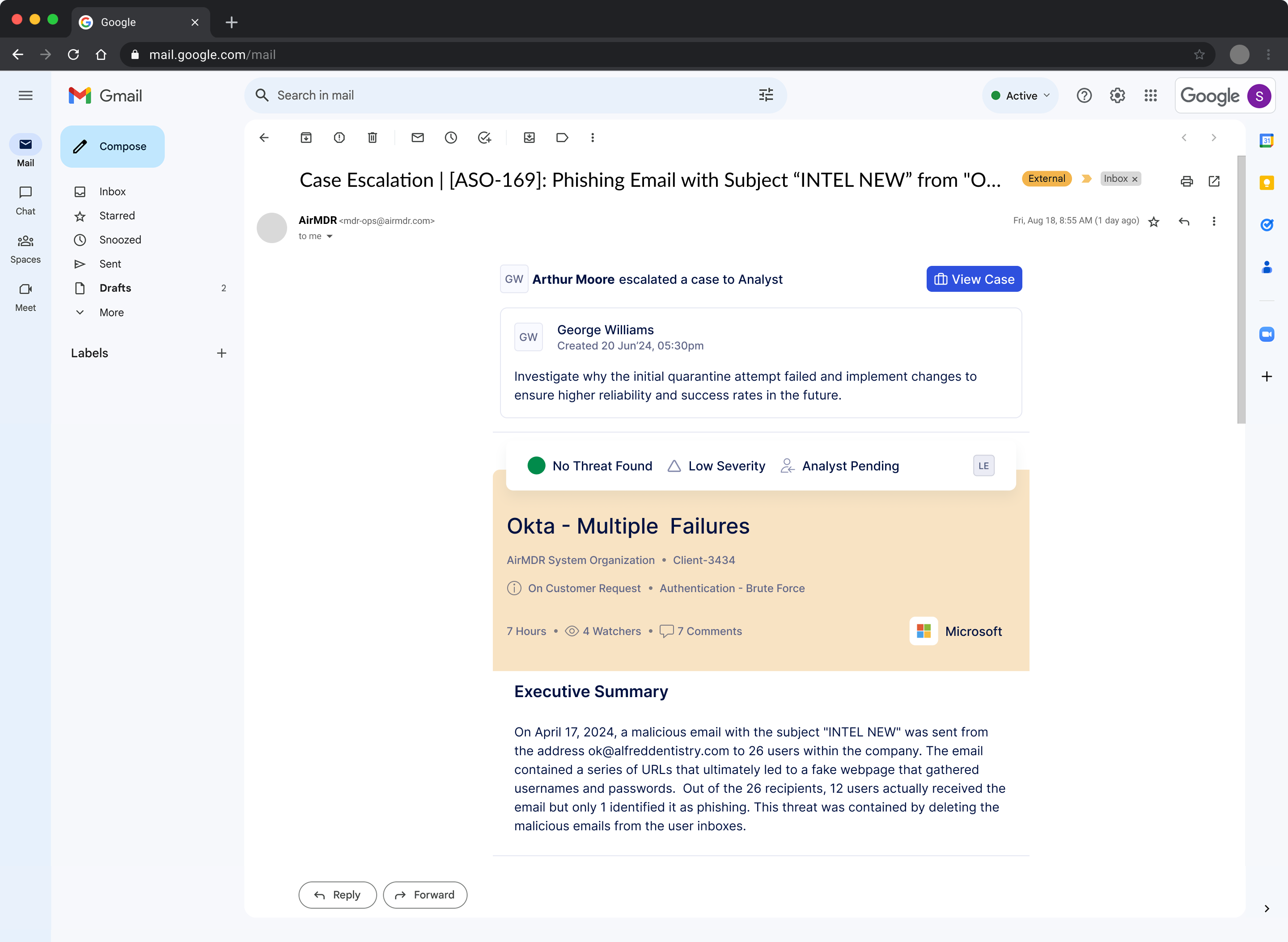Gmail showing an AirMDR escalation email